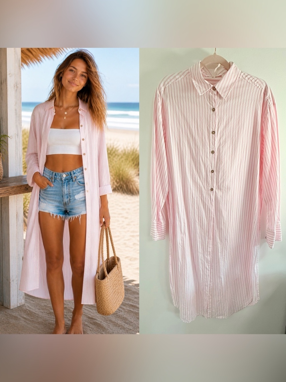 Free People Pink Striped Button-Front Beach Coverup Shirt Dress